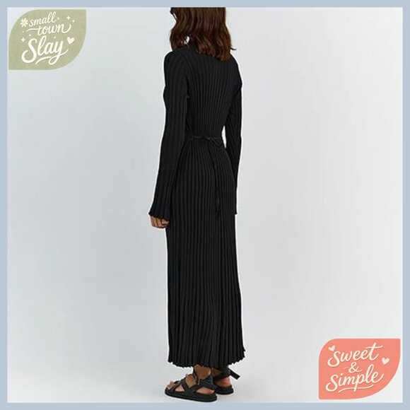 Long Sleeve Ribbed Maxi Dress Bodycon Slim Fit Knit Sweater Dress - Picture 6 of 7